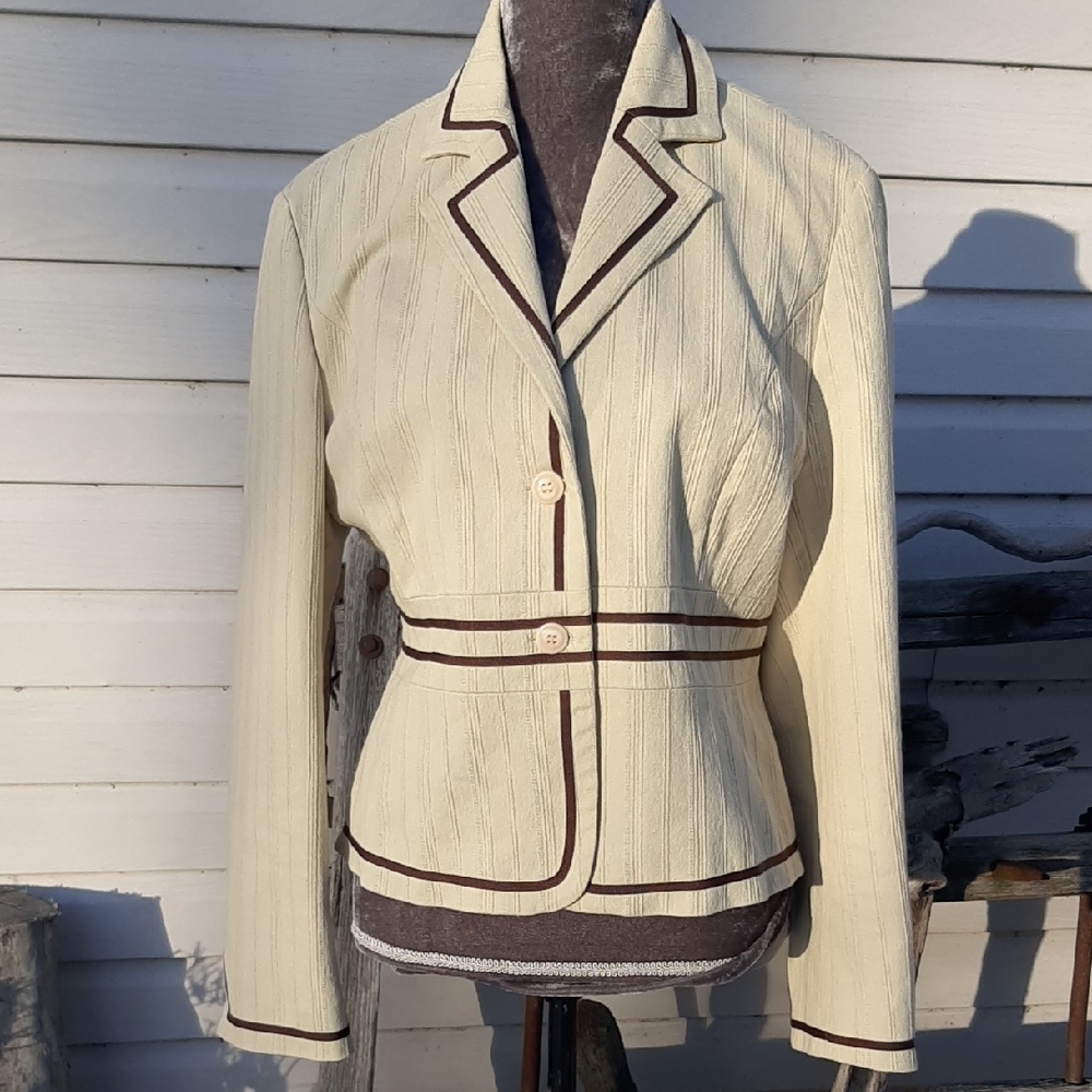 Y2K Vintage MAC & JAC Beige FITTED COTTON Blazer with CHOCOLATE Trim Sz 16